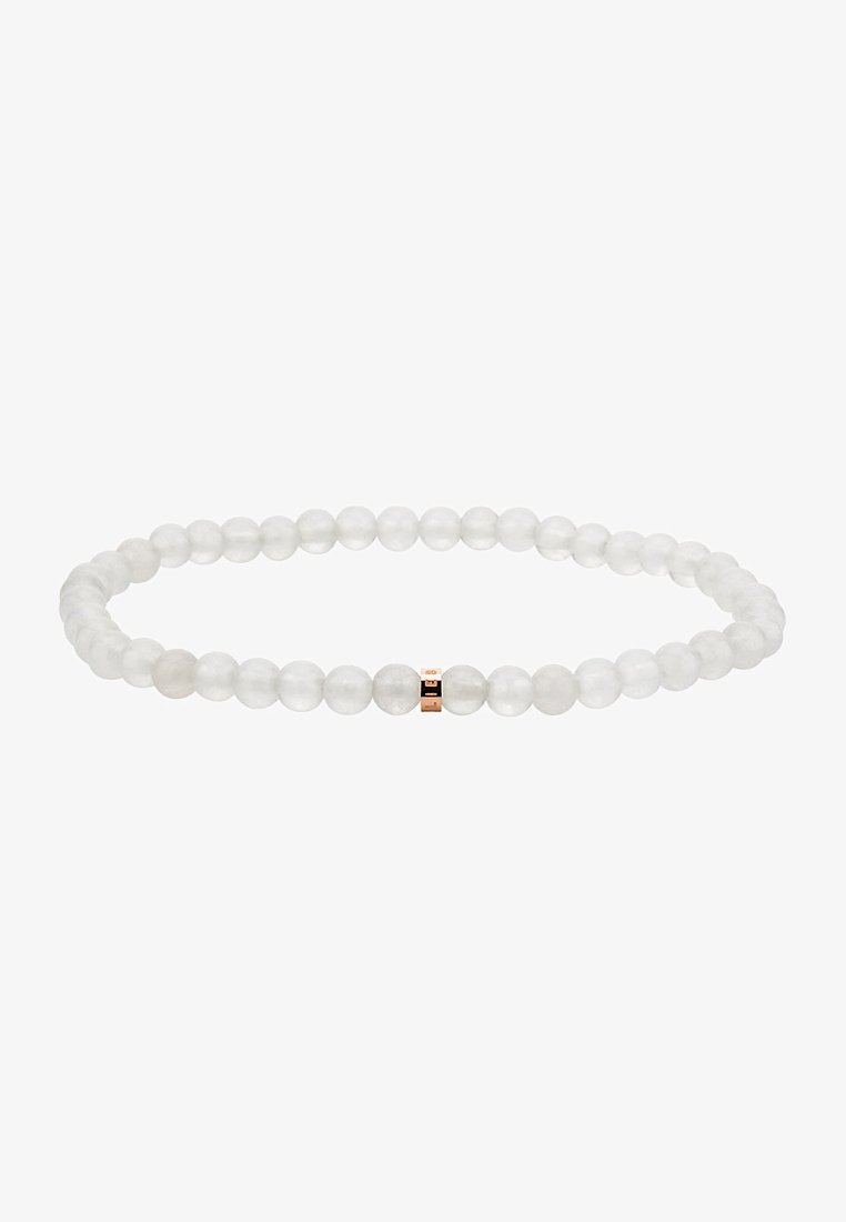 Clear gemstone bracelet with evenly sized, smooth, round beads. Features a single metallic accent bead in rose gold color.