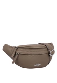 Braune Leder Hüfttasche mit strukturierter Oberfläche, ausgestattet mit einem Hauptfach mit Reißverschluss, verstellbarem Riemen und Logo-Detail auf der Vorderseite.