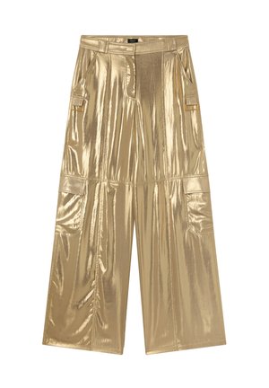 Pantaloni larghi in metallo dorato con una finitura lucida, dotati di tasche laterali e una vita strutturata. Tessuto liscia e design audace.
