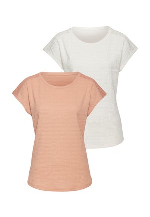 Zwei kurzärmelige T-Shirts: eines in hellem Pfirsich, das andere in Weiß. Beide sind aus einem strukturierten Stoff und haben einen runden Ausschnitt.