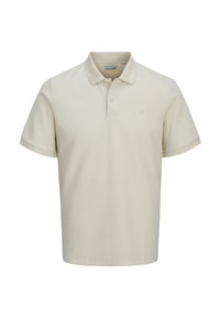 Beige Polo-Shirt mit kurzen Ärmeln aus strukturiertem Stoff. Verfügt über einen Kragen, eine Dreiknopfleiste und ein kleines Logo auf der Brust.