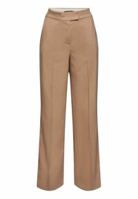 Pantalon beige taille haute à jambes droites avec fermeture avant cachée et large ceinture, présenté sur fond blanc.