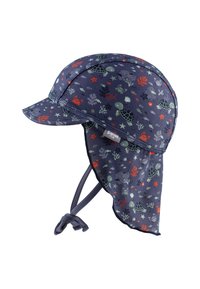 Navy sun hat with a bill and neck flap, featuring a colorful marine life pattern of turtles, crabs, and coral. Adjustable chin strap included.