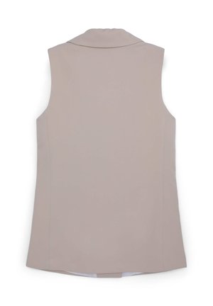 Gilet sans manches en tissu beige clair, doté d'un col arrondi et d'une texture lisse. L'ourlet est légèrement incurvé avec des coutures latérales.