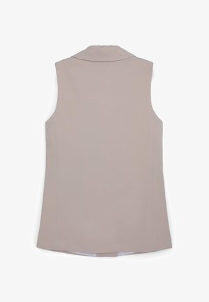Ärmellose Weste aus hellbeigem Stoff mit geschwungenem Kragen und glatter Textur. Der Saum ist leicht geschwungen mit Seitennähten.