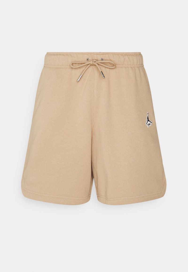 Tan bomuldsshorts med elastisk talje og justerbar snor. Har et lille sort logo på venstre side. Glat tekstur.