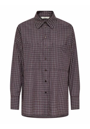 Rutete skjorte med et mørkt burgunder- og blått mønster, lange ermer, knapper foran og en enkelt brystlomme. Laget av lett stoff.