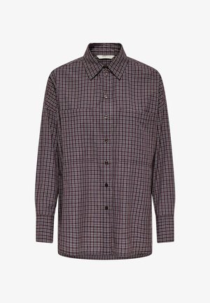 Koszula w kratę o ciemnym bordowym i niebieskim wzorze, z długimi rękawami, zapinana na guziki z pojedynczą kieszenią na piersi. Wykonana z lekkiego materiału.