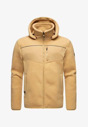 Gul fleecejakke med glidelås foran, dobbel-lags hette og sidelommer. Har et glatt panel over brystet og strukturert stoff.