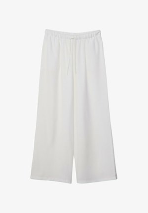 White wide-leg trousers made of lightweight fabric, featuring an elastic waistband and a drawstring for adjustable fit. Smooth texture.