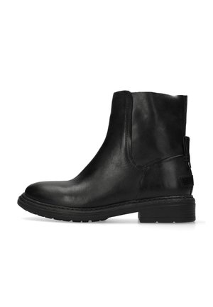 Stivaletto nero in pelle con punta tonda, tacco corto impilato e linguetta posteriore, visto dal lato esterno.