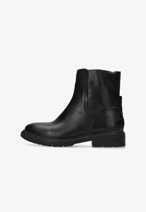 Stivaletto nero in pelle con punta tonda, tacco corto impilato e linguetta posteriore, visto dal lato esterno.