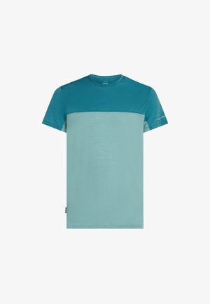 Short-sleeve T-shirt in teal and light blue. Features a smooth texture with a contrasting color block design. Subtle branding on sleeve.