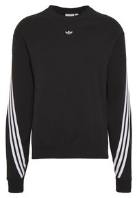 Czarna bluza z okrągłym dekoltem, długimi rękawami i trzema białymi paskami na każdym rękawie. Małe białe logo na piersi. Materiał mieszanka bawełny.
