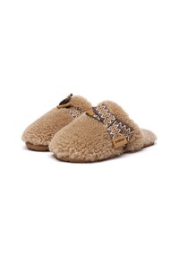 Beige slippers featuring a fluffy texture, open-back design, and decorative zigzag patterned strap. Rubber sole for grip.