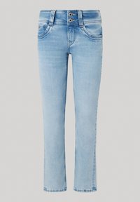 Ljusblå denimjeans med rak passform, stängning med två knappar och dekorativ sömnad på fickorna. Slät textur och minimal blekning.