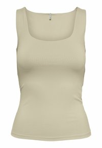 Top in beige con scollatura quadrata e spalline larghe, realizzato in tessuto morbido e elastico. Presenta una silhouette aderente e una texture liscia.
