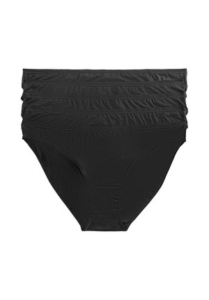 Zestaw pięciu czarnych majtek o wysokim stanie z marszczoną talią, gładkim materiałem i klasycznymi wycięciami na nogi, prezentowanych na białym tle.