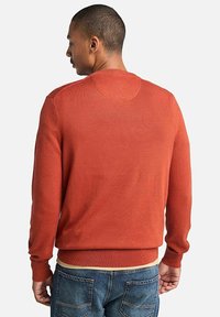 Maglione a maglia di colore ruggine arancione, con scollatura tonda, orlo e polsini a costine. Presenta una consistenza liscia e dettagli di cucitura sottili sulle spalle.
