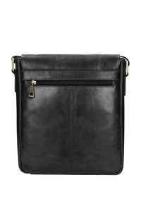 Borsa a tracolla nera in pelle con texture liscia, dotata di una tasca frontale con zip e accessori in tonalità oro, forma rettangolare e design minimalista.