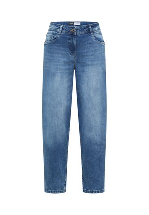Jean denim bleu taille haute à jambes droites avec bouton frontal, fermeture éclair et conception à cinq poches.