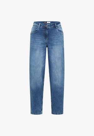 Jean denim bleu taille haute à jambes droites avec bouton frontal, fermeture éclair et conception à cinq poches.