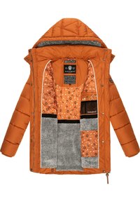 Orange quilted jacket with a grey fur lining, patterned interior pockets, and a hood. Features snap buttons and inner label detailing.