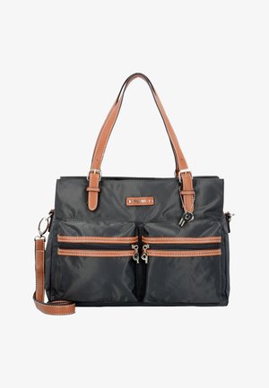 Black nylon tote bag with brown leather straps, two front zippered pockets, and a rectangular shape. Features contrasting stitching and silver hardware.