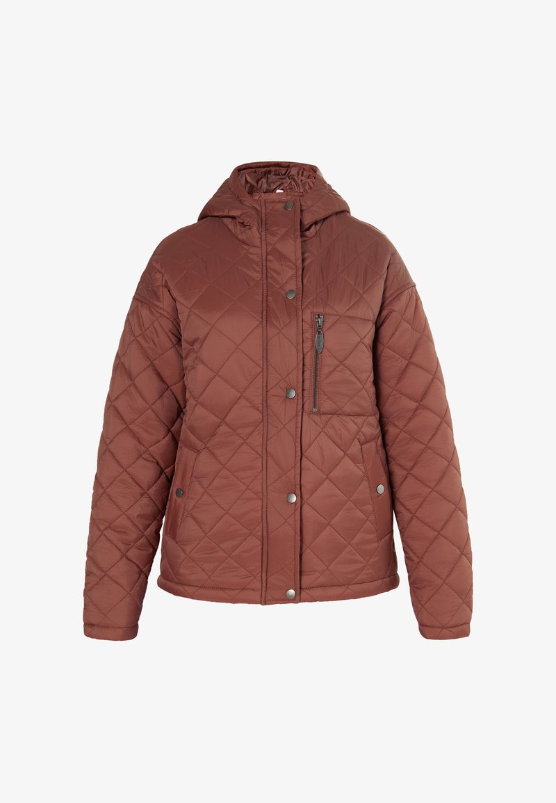 Bruine geborduurde pufferjack met capuchon, voorzien van een ritszak en drukknoopsluiting. Zachte, gladde textuur met geometrisch ruitpatroon.