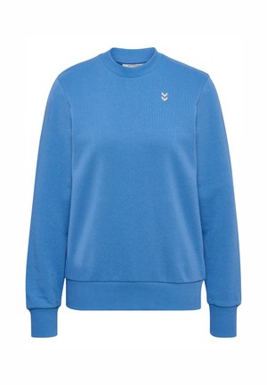 Blå sweatshirt i mjukt material, har rund hals, långa ärmar, ribbade muddar och en liten logodetalj på bröstet.