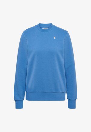 Blå sweatshirt lavet af blødt materiale, har en rund hals, lange ærmer, ribbede manchetter og en lille logoaccent på brystet.