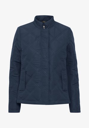 Tumesinine tikanditega jakk, millel on seisev krae, diagonaalne õmblusmuster, kaks esikotti ja täispikk tõmblukk. Sile tekstuur.