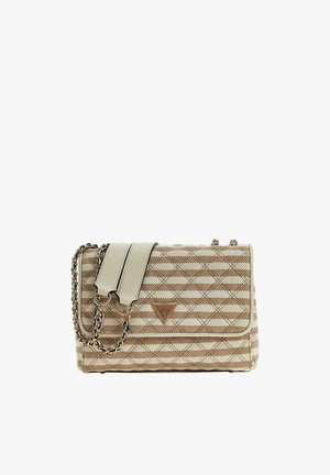 Sac à bandoulière beige et crème Guess avec motif géométrique, fermeture à rabat, sangle en cuir et détail chaîne dorée.