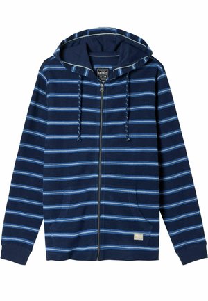 Granatowa bluza z kapturem zapinana na zamek, z jasnoniebieskimi poziomymi paskami, kapturem ze ściągaczem, przednimi kieszeniami i ściągaczami przy rękawach.
