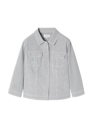 Striped jacket in gray and white cotton fabric. Features a collar, two chest pockets, front button closure, and long sleeves with a relaxed fit.