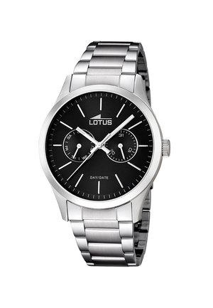 Silver stainless steel watch with a round black dial, featuring three subdials, silver hour markers, and a date window.