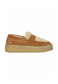 Brown suede slip-on shoe with cream fleece detailing, textured sole, and a cushioned interior. Features a subtle brand logo on the heel.