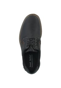 Chaussure noire en cuir à lacets avec des coutures orange contrastantes, semelle intérieure rembourrée, bout rond et semelle en caoutchouc. Nom de la marque visible à l'intérieur.