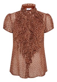 Brun transparent blus med korta ärmar, prydd med vita prickar och flera volanger längs framsidan. Knäppning längst ned.