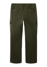 Olivengrønne cargobukser med rett snitt, utstyrt med sidelommer, baklommer og en strukturert midje, laget av solid bomullsmateriale.
