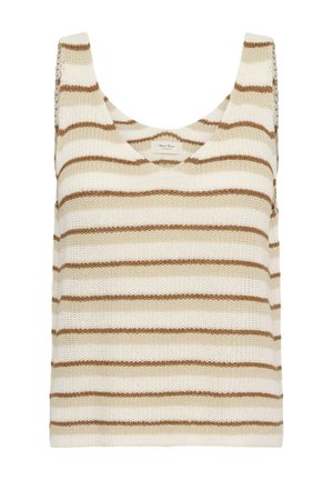 Débardeur tricoté sans manches avec des rayures horizontales beige et marron et un col rond.