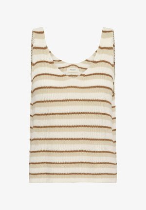 Débardeur tricoté sans manches avec des rayures horizontales beige et marron et un col rond.