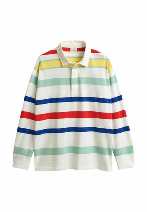 Langärmliges weißes Poloshirt mit horizontalen Streifen in Rot, Blau, Gelb und Hellgrün, mit einem Knopfkragen.