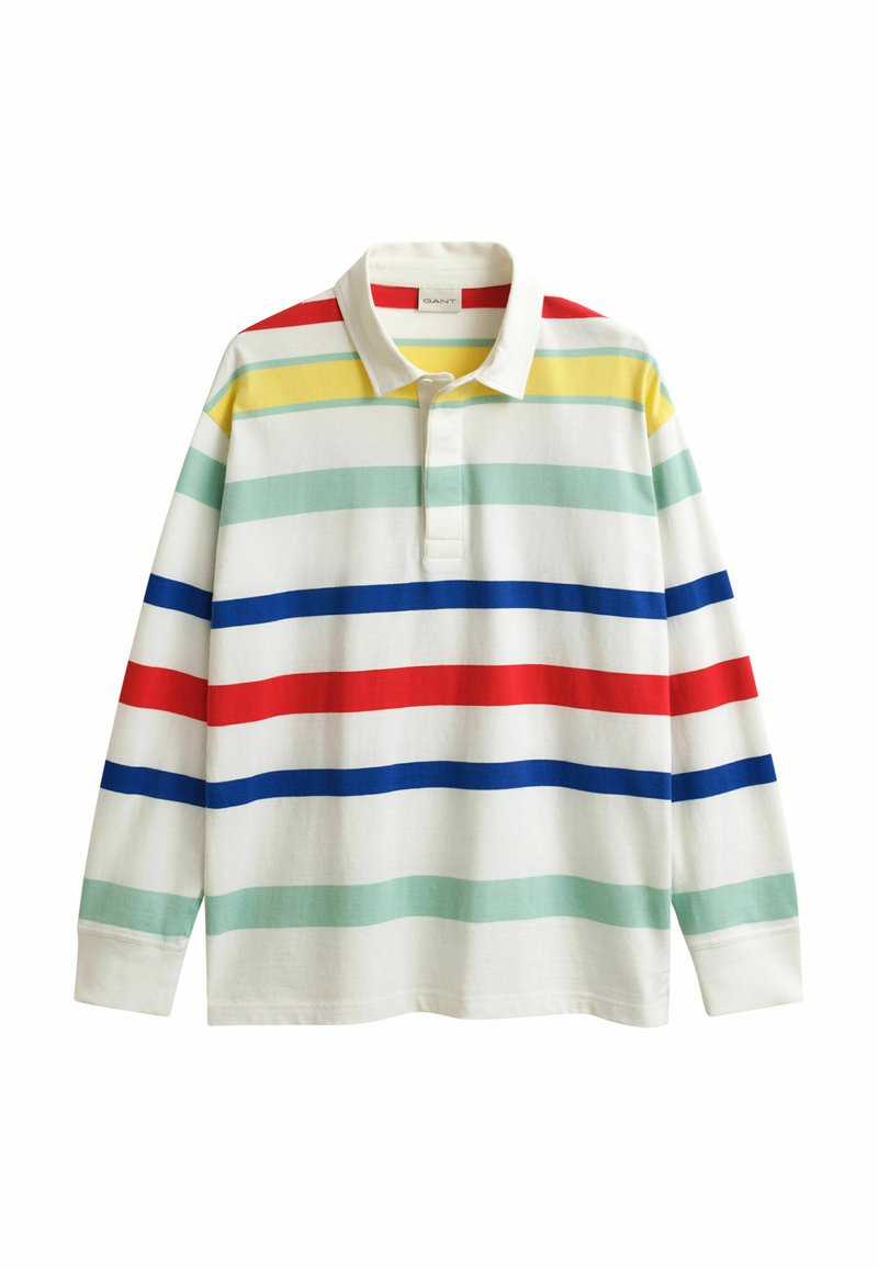 Polo a maniche lunghe bianca con righe orizzontali in rosso, blu, giallo e verde chiaro, con colletto abbottonato.