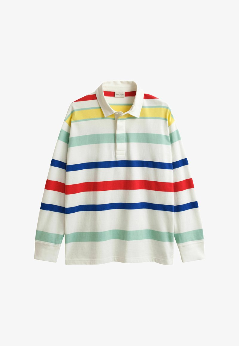 Polo a maniche lunghe bianca con righe orizzontali in rosso, blu, giallo e verde chiaro, con colletto abbottonato.