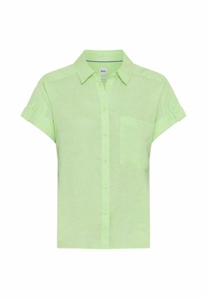 Hellgrünes kurzärmeliges Hemd mit Kragen, Brusttasche vorne und hochgekrempelten Ärmeln, die mit Knopflaschen befestigt sind.