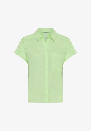 Chemise vert clair à manches courtes avec col, poche poitrine avant et manches retroussées maintenues par des pattes à boutons.