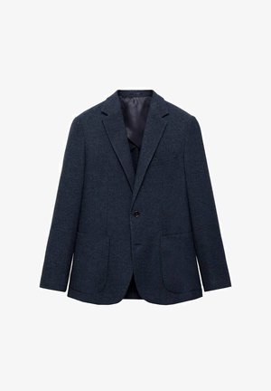 Marineblauer Blazer aus strukturiertem Stoff, mit Einzelknopfverschluss, Reverskragen und zwei aufgesetzten Taschen vorne. Gefüttertes Innenfutter.