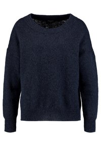 Tummansininen neulepaita, jossa on leveä pyöreä pääntie, pudotetut olkapäät ja ribbaus hihansuissa. Pehmeä rakenne, rento istuvuus, ei näkyviä kuvioita tai koristeita.