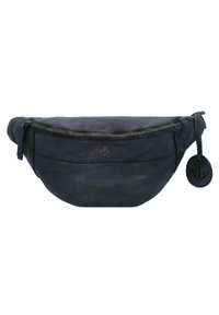 Marsupio in pelle nera con design curvo, chiusura con zip, tasca frontale e ciondolo rotondo rimovibile con emblema dell'ancora.